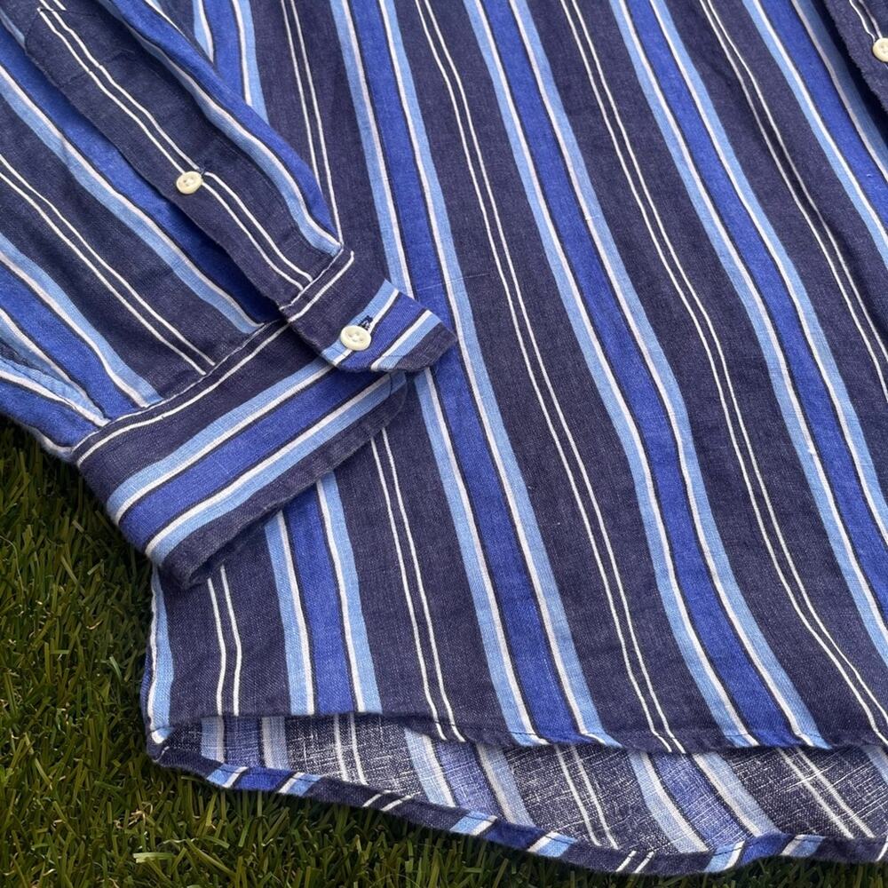 Ralph Lauren 100% Linen Blue Striped Button Down Long Sleeve Collared Shirt XXL - Picture 6 of 9